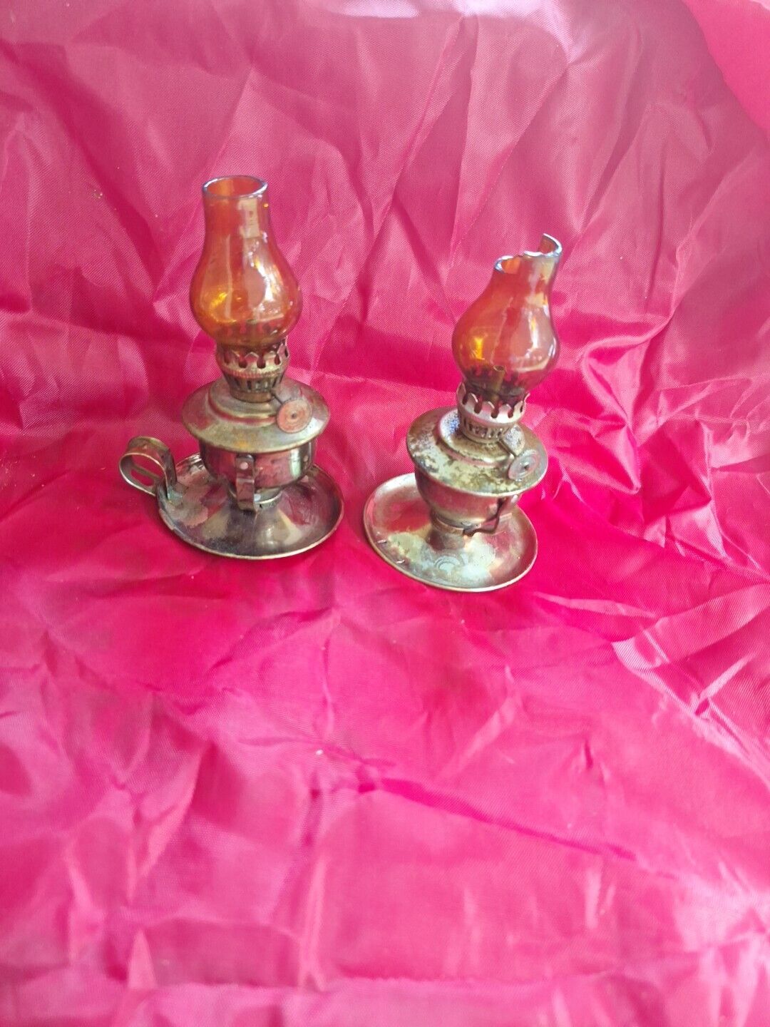 Pair of miniature antique vintage oil lamps.
