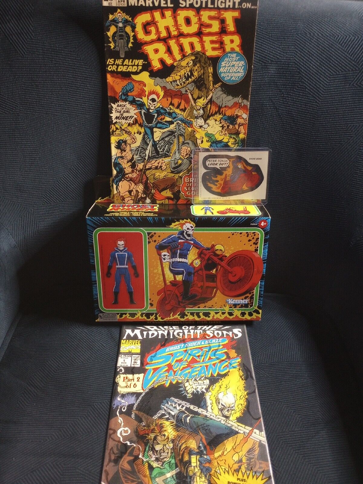 GHOST RIDER - (2) Comic Books + Action Figure + Vintage Trading Card Sticker