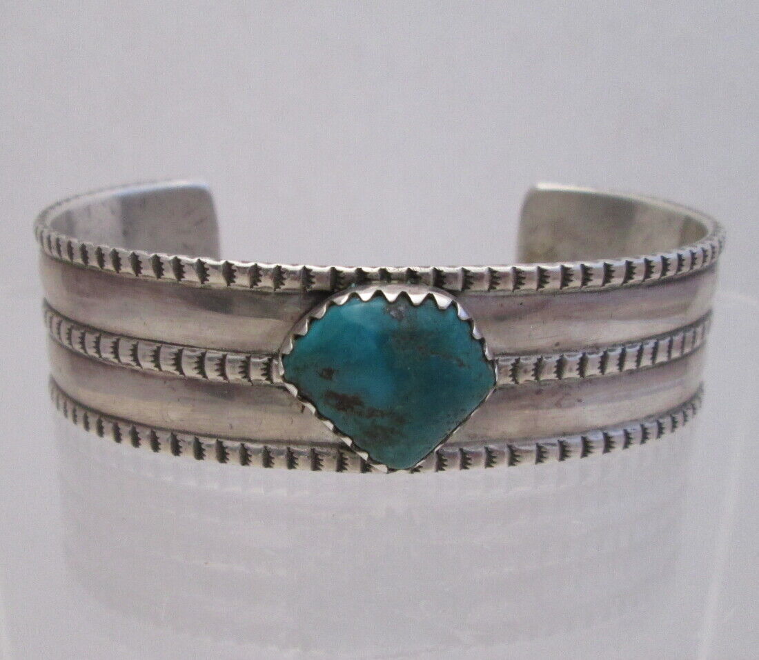 PERRY SHORTY NAVAJO COIN SILVER BRACELET with FOX TURQUOISE