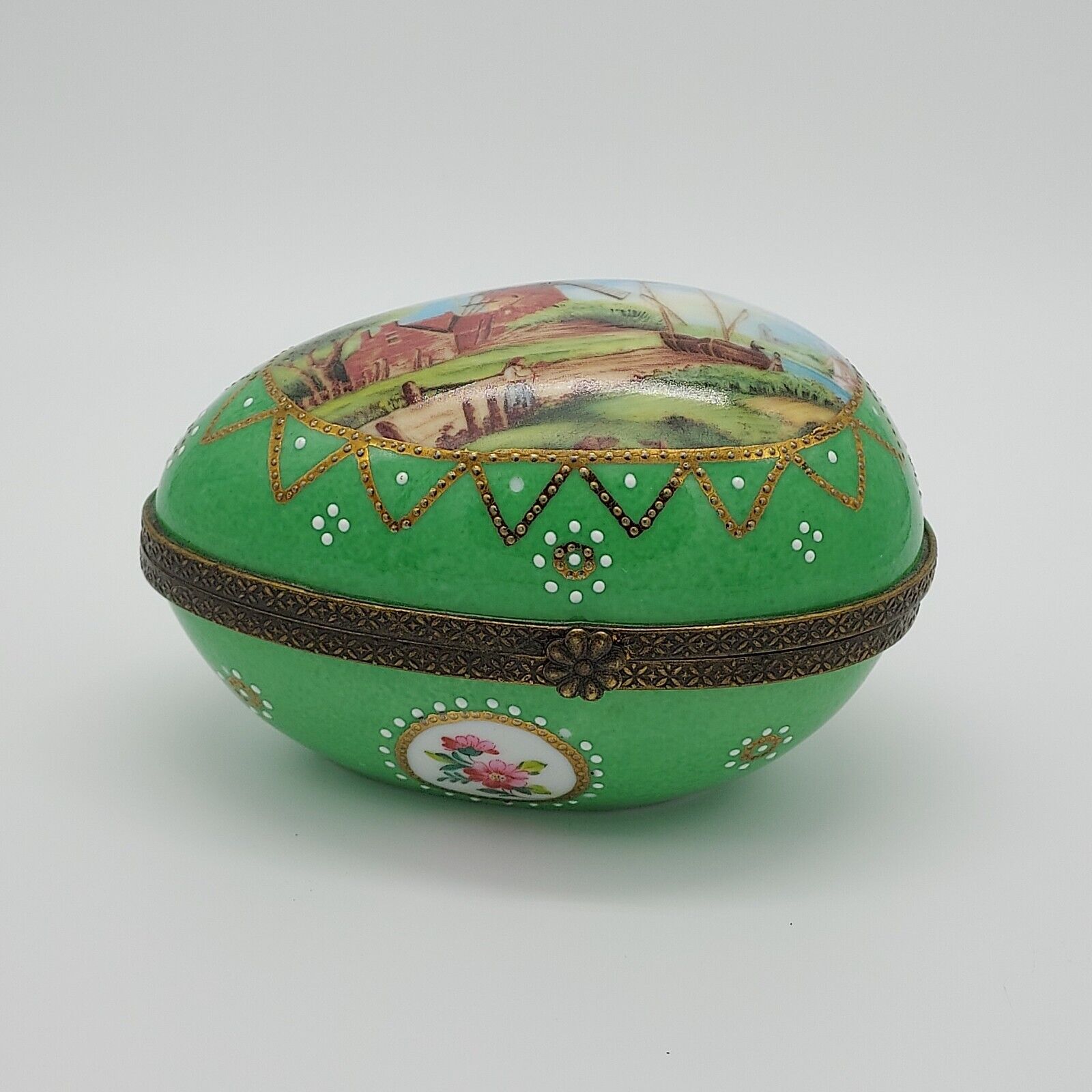 Vtg Limoges France Porcelain Trinket Box Egg Shaped Country Windmill Scene