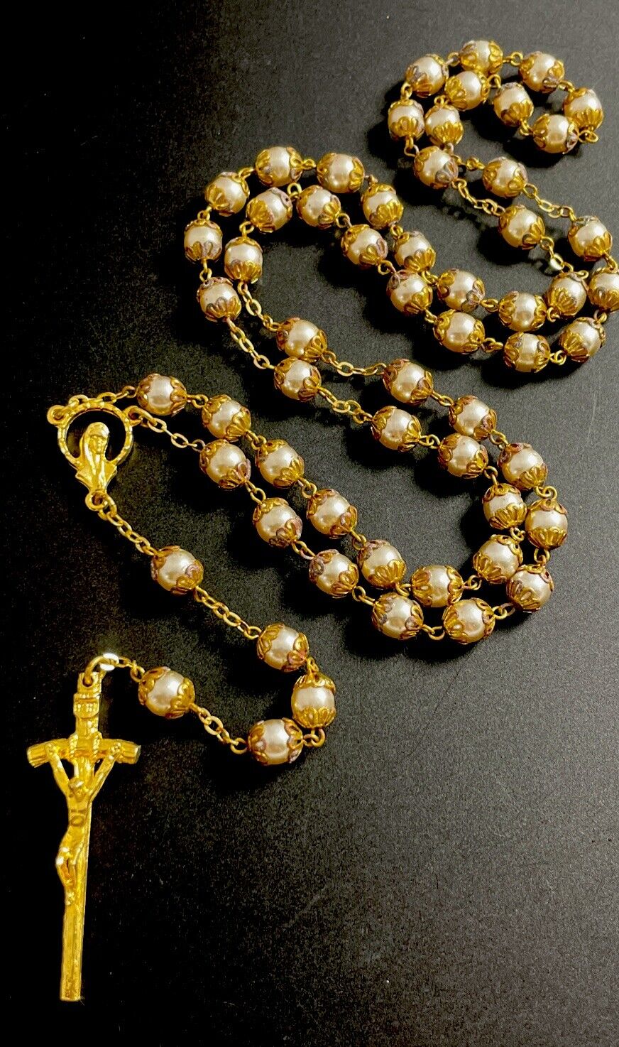 Vintage Catholic Costume Pearl 5 Decade Rosary Gold Tone Crucifix Italy