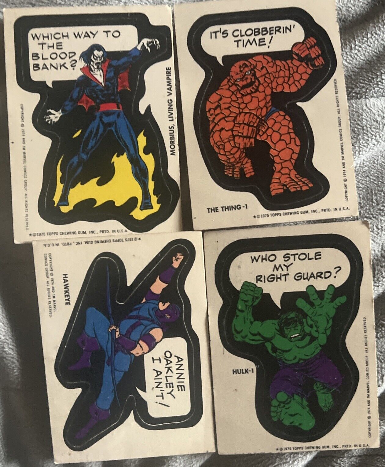 Lot Of 4 1975 Topps Marvel Stickers Hulk, The Thing, Hawkeye, Morbius Vampire