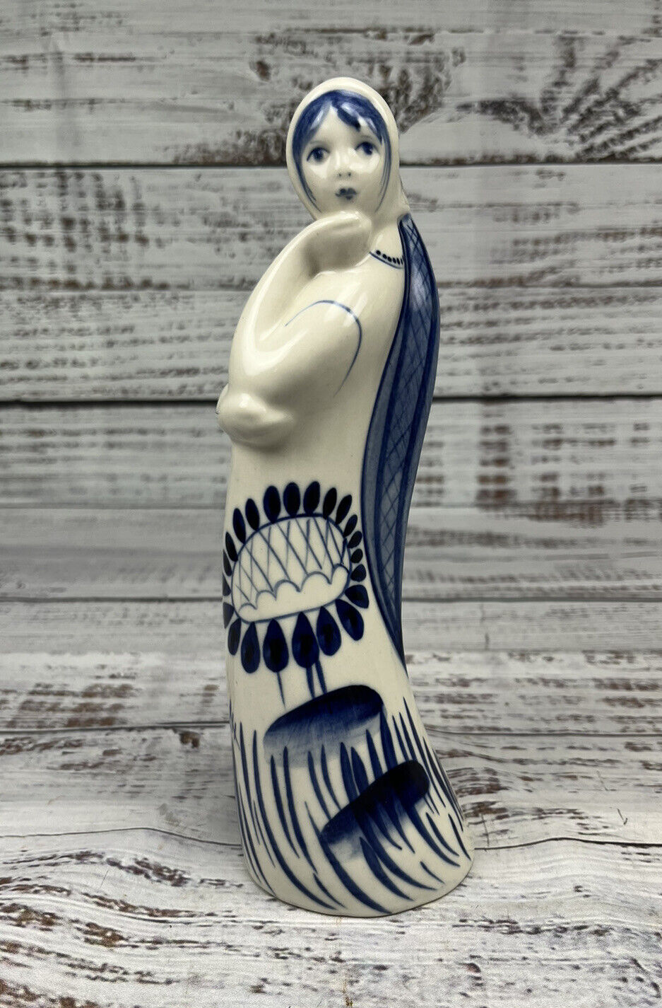 Ghezel Russian Figurine Hand Painted Cobalt Blue White Woman With Braid 8.5\