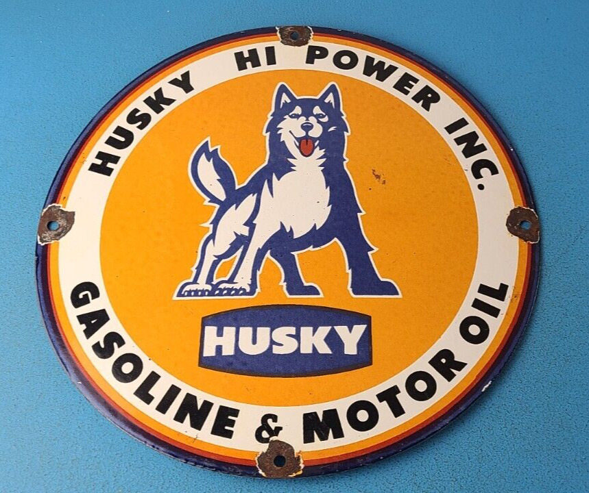 Vintage Husky Gasoline Porcelain Sign - Hi Power Gas Motor Oil Pump Sign