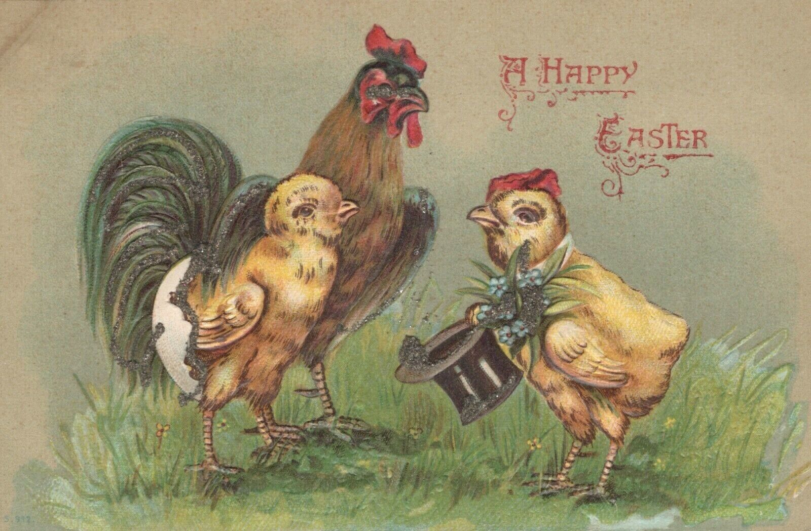 Postcard Easter Anthropomorphic Rooster Listening to Beau Chick Germany