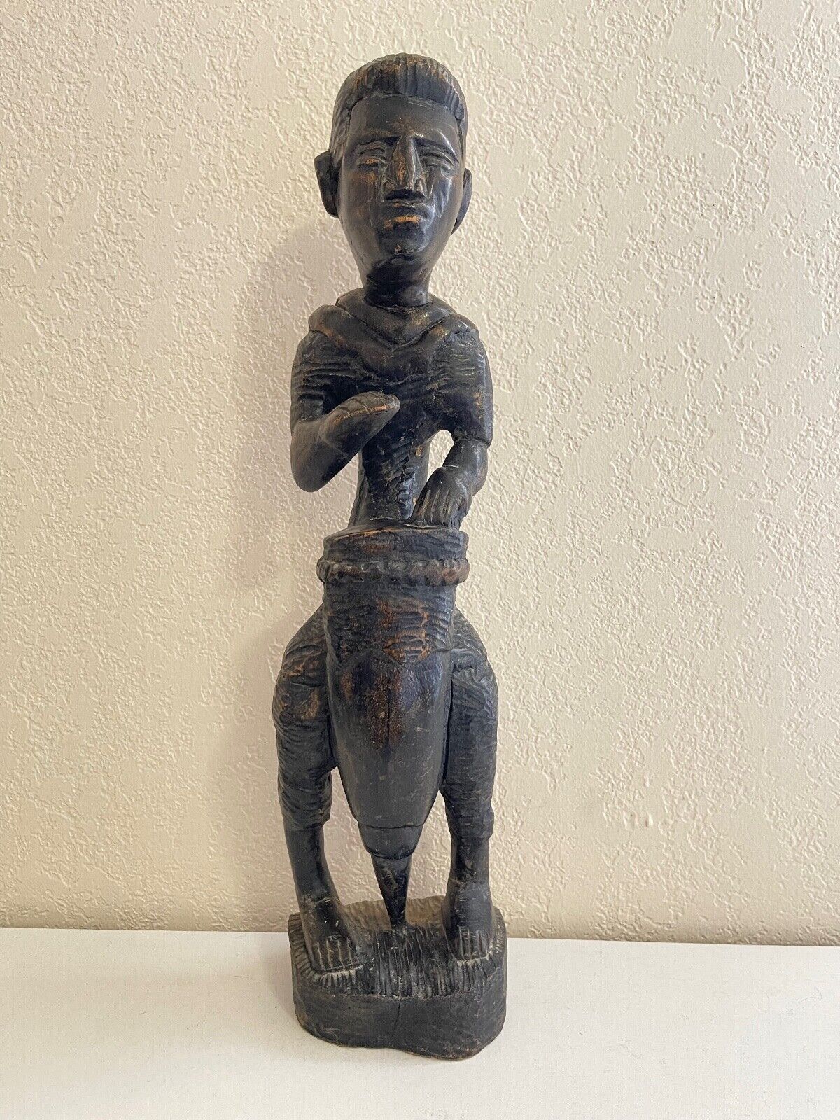 Vintage Ethnic Tribal Possibly African Carved Wood Statue of Man with Drum