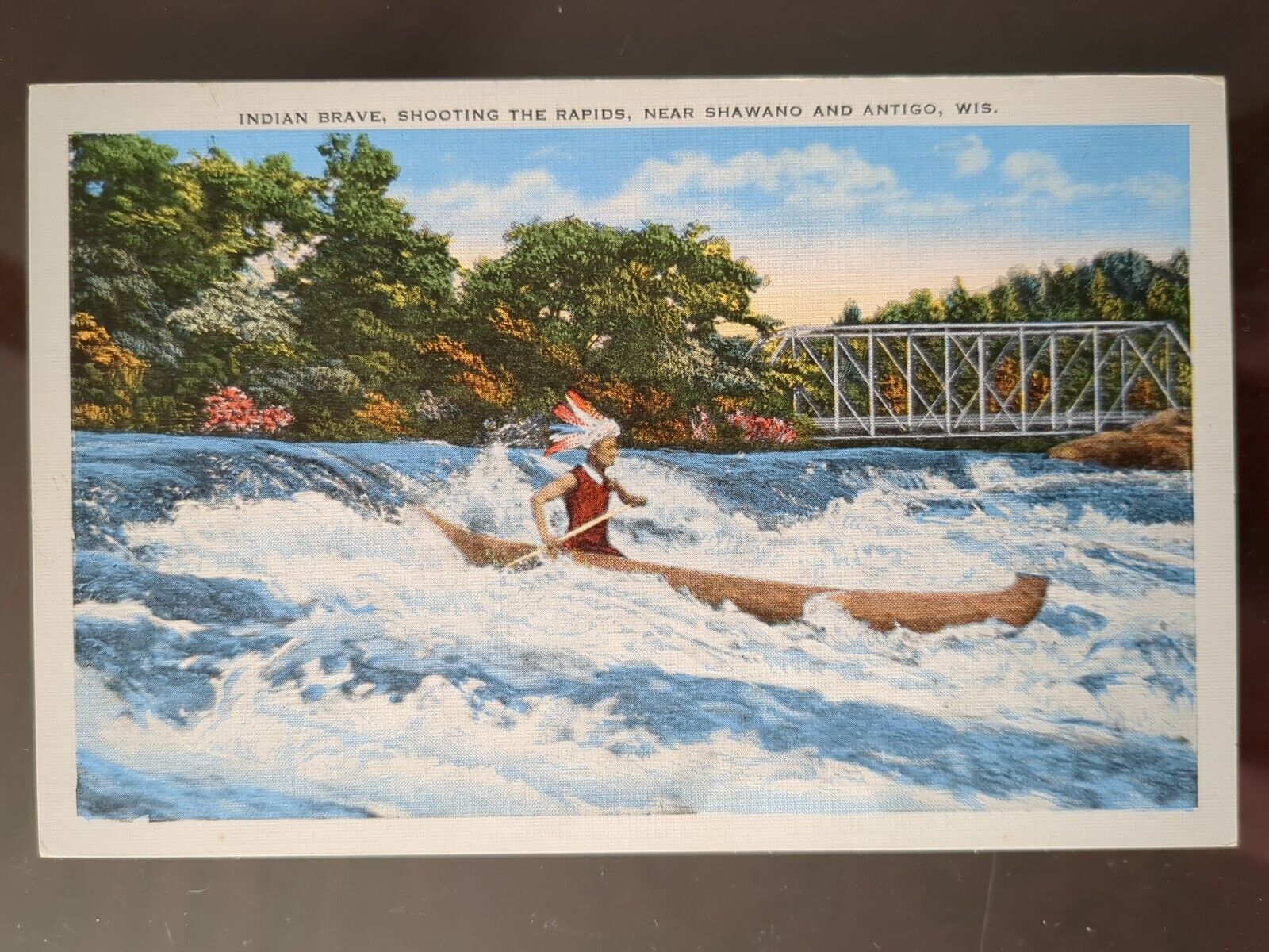 Indian Brave, Shooting the Rapids, near Shawano & Antigo, WI - 1930s-50s