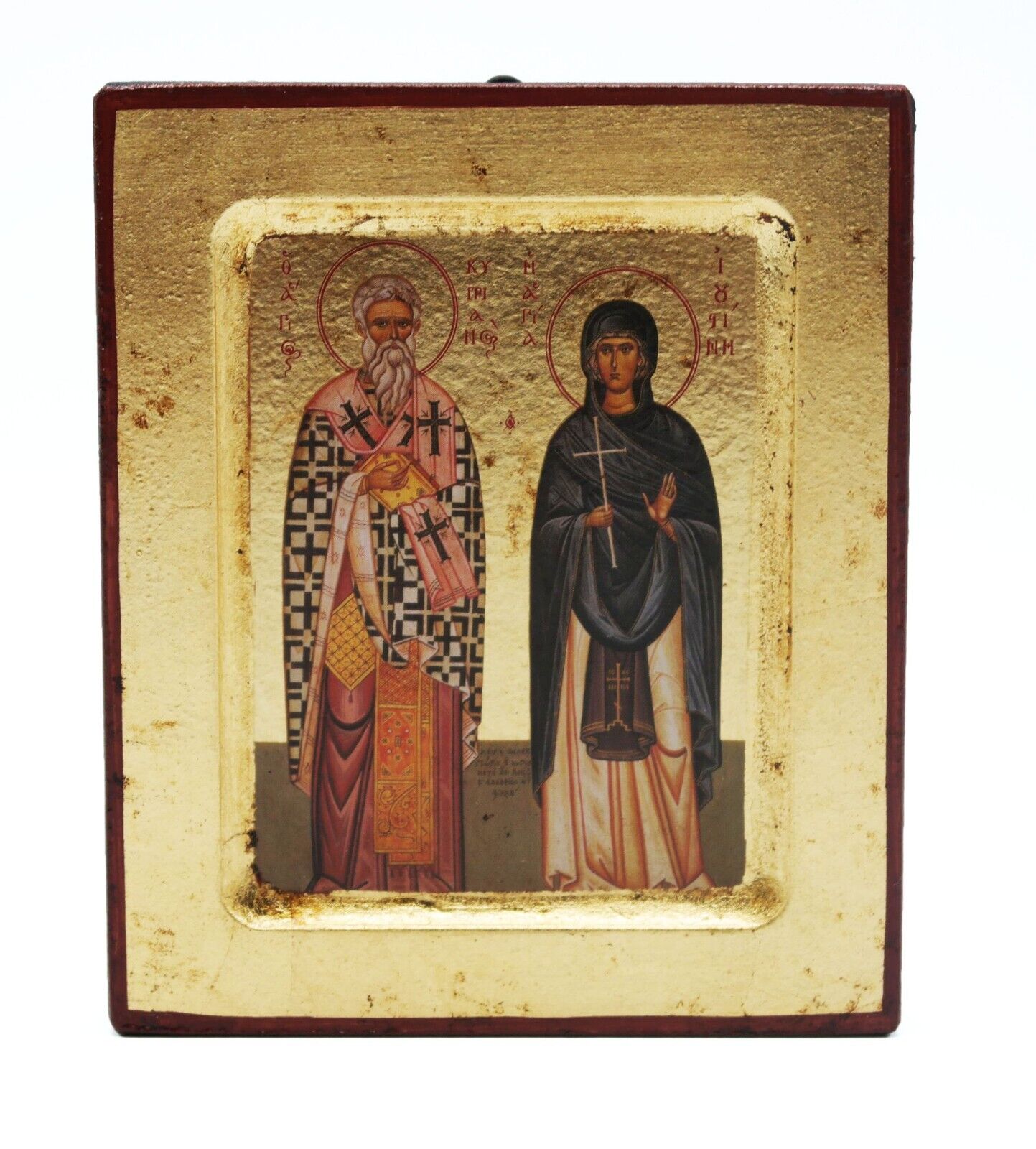 Greek Russian Orthodox Handmade Wooden Icon St. Cyprian and Justina 12.5x10cm