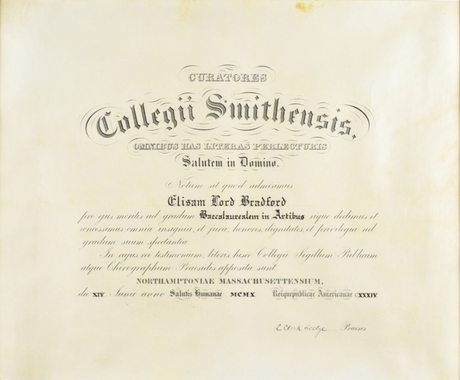 c1910 Antique Smith College B.A. Diploma Certificate Elisam Lord Bradford
