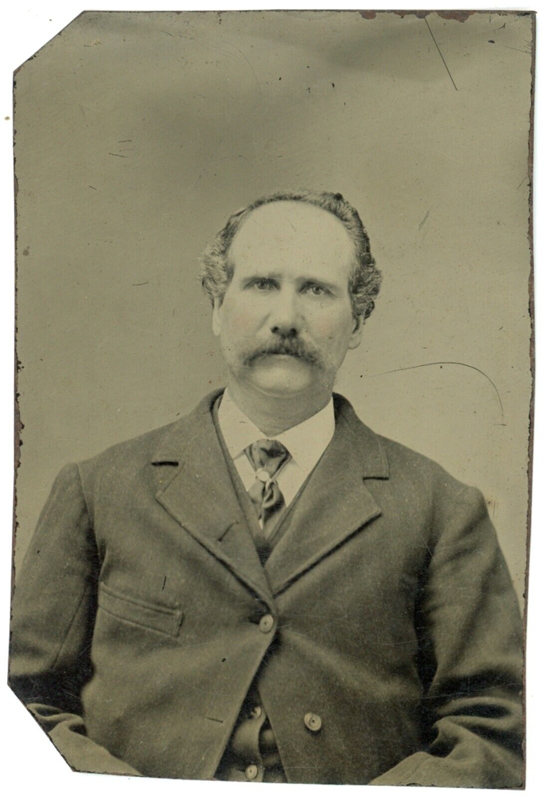 CIRCA 1860\'S  Hand Tinted 1/6 Plate TINTYPE Handsome Older Man Mustache Suit Tie