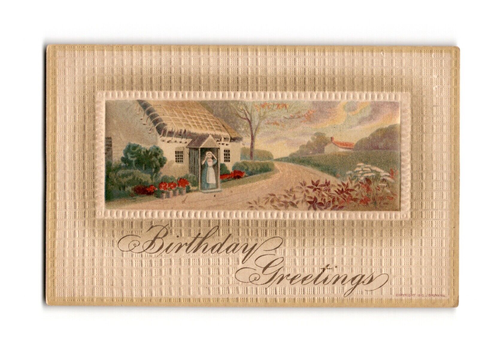 Antique Embossed Birthday Postcard - Cottage & Floral Design, Early 1900s