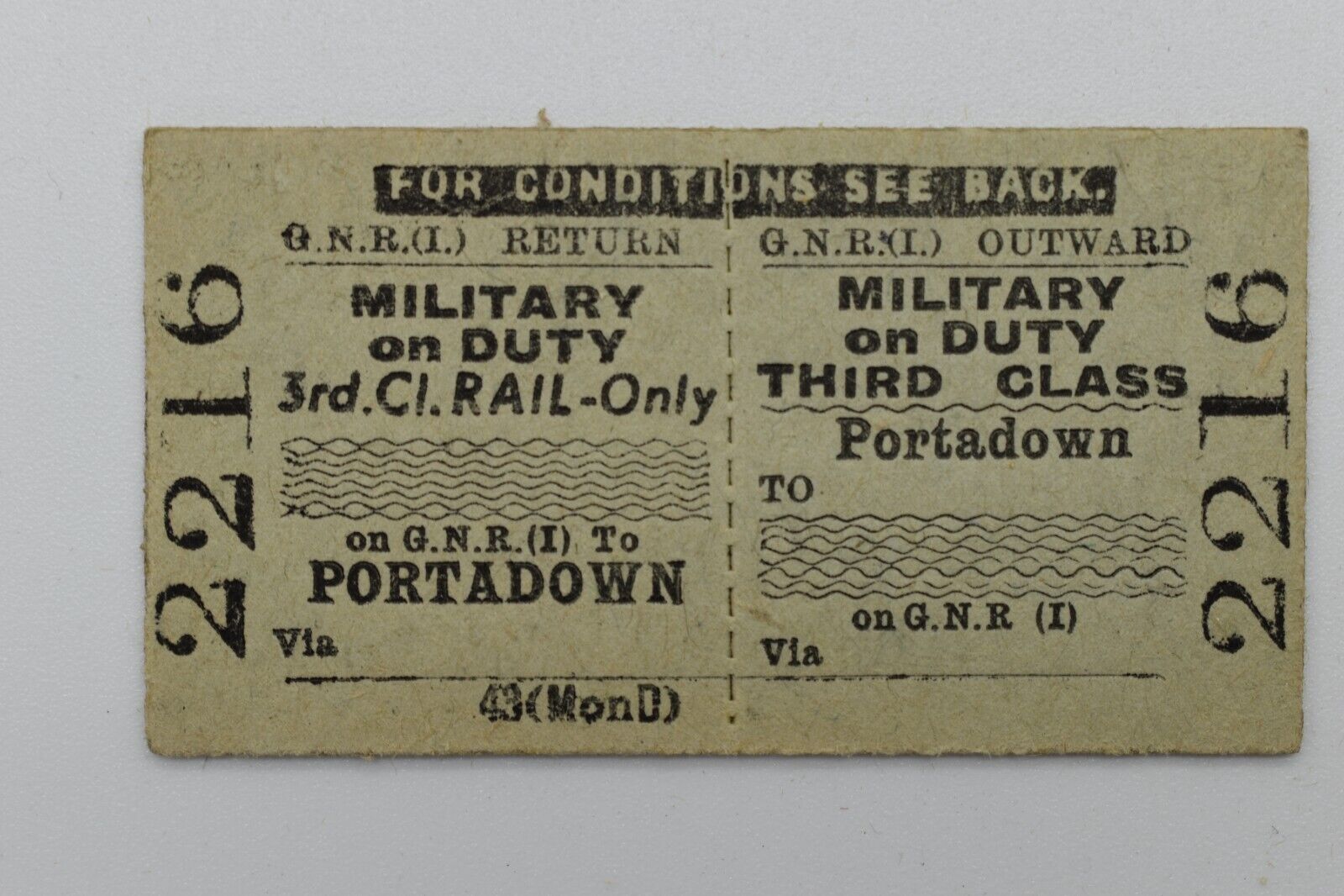Railway Ticket Portadown to Blank 3rd class Military on Duty GNR (I) #2216
