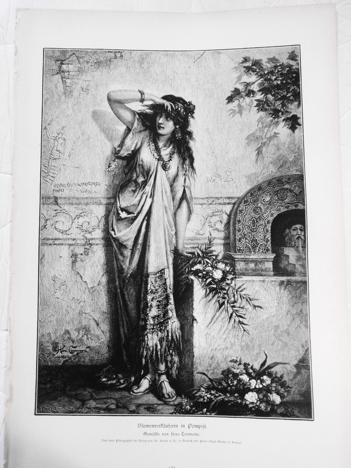 Blumenverkauferin in Pompeji, by Heva Coomans --  1886 - Original antique print