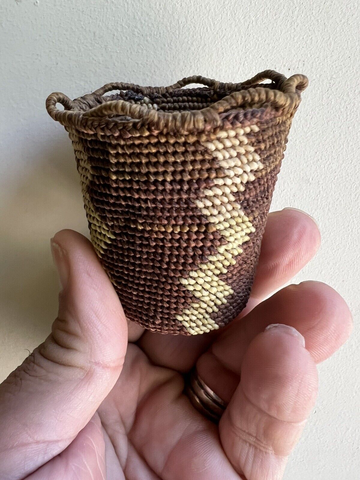Very Nice Antique Miniature Klickitat Basket, 2”x2”, From Arizona Estate.