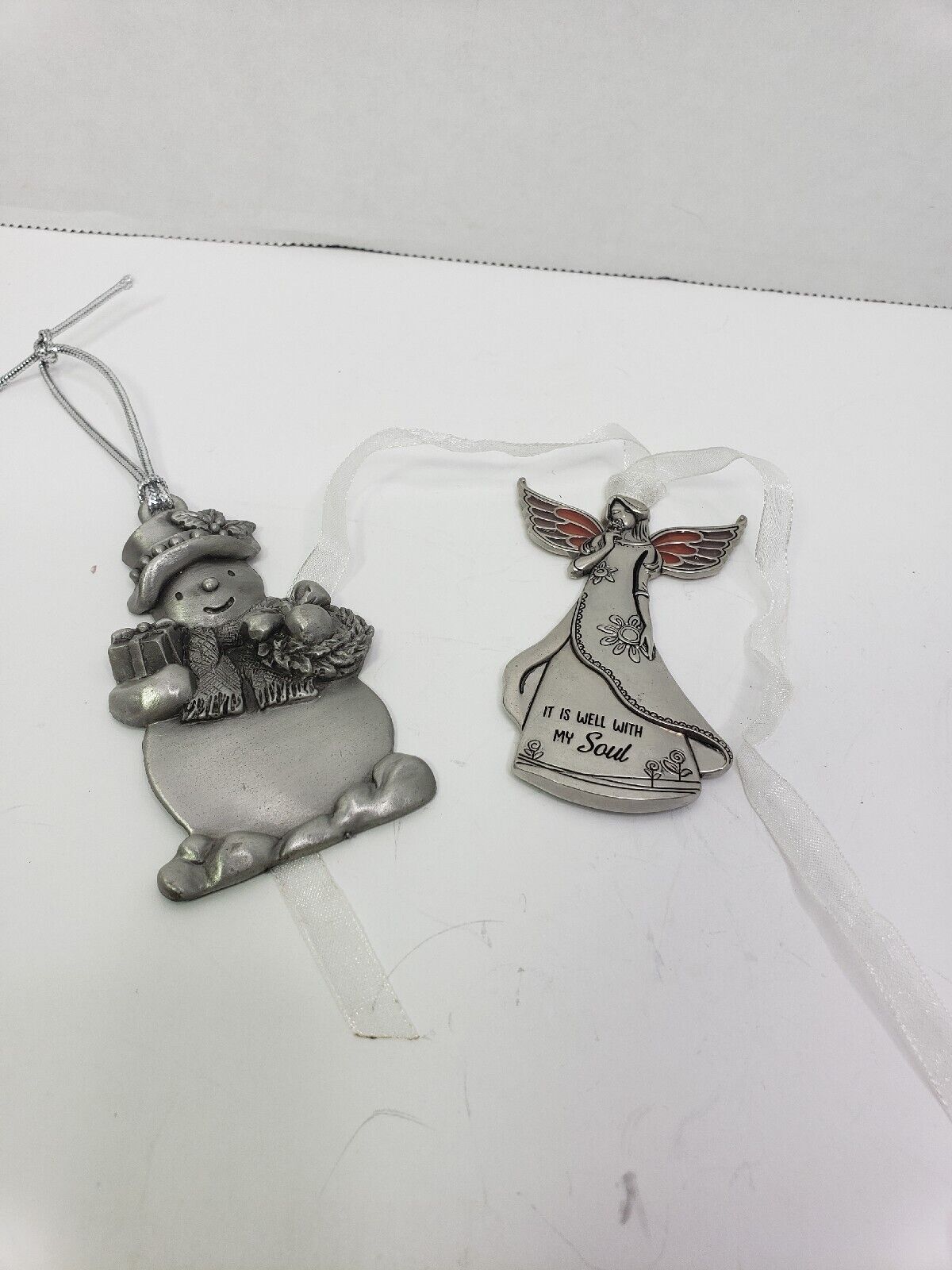 Lot Of Two Pewter Ornaments Snowman And Angel
