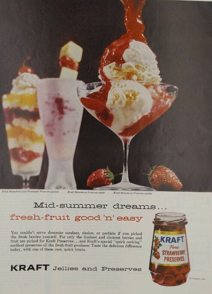 1959 Kraft Strawberry Jelly Preserves Ice Cream Kitchen Original Print Ad Color