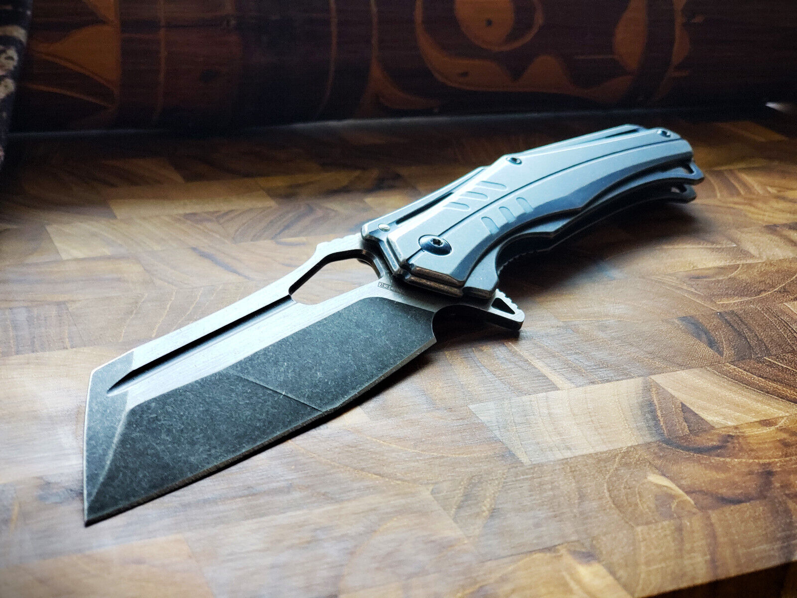 Pocket Cleaver Folding Knife Stonewashed Blade and Handle Blue 8\
