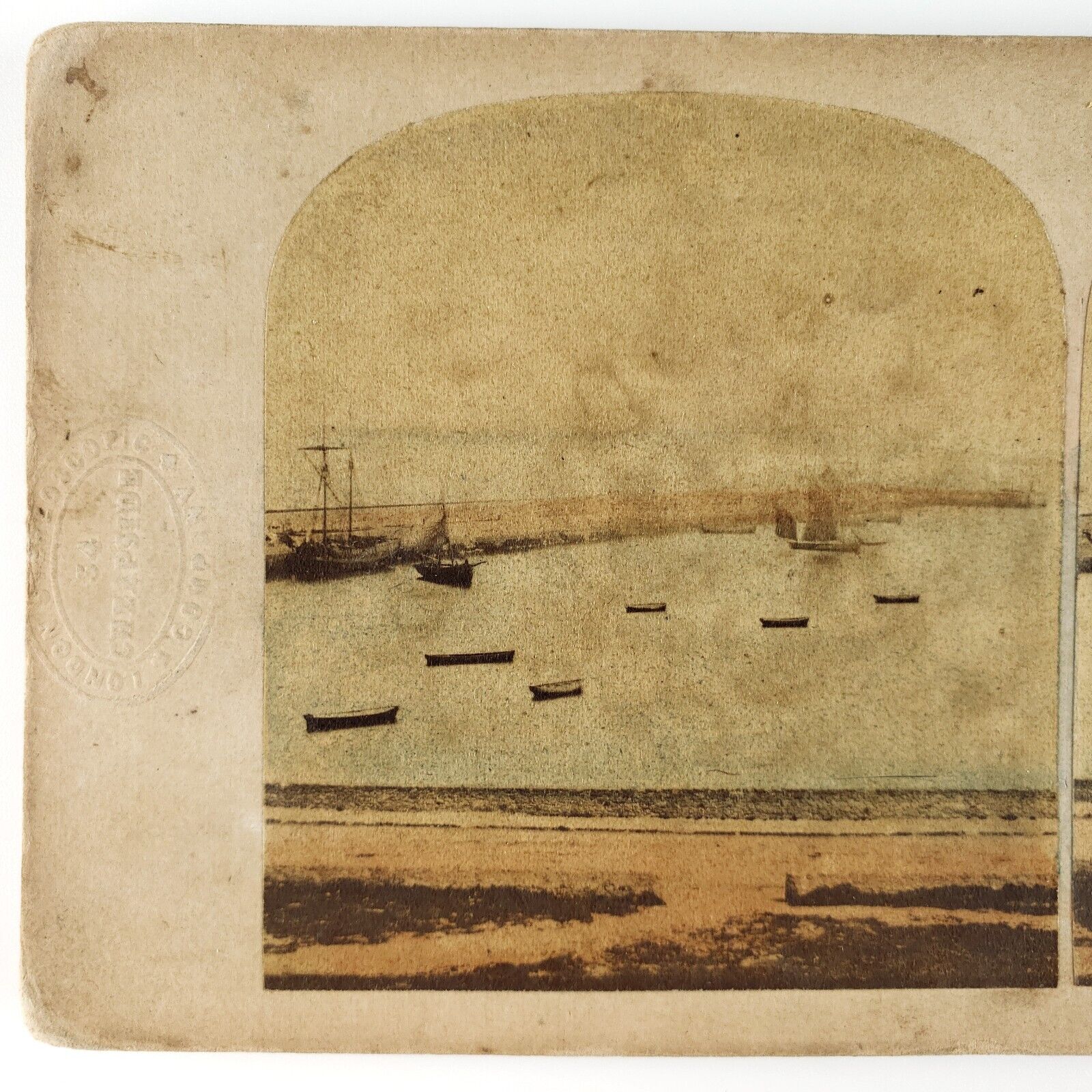 Howth Harbour Ireland's Eye Stereoview c1855 Tinted Ship Boats Dublin Port A2645
