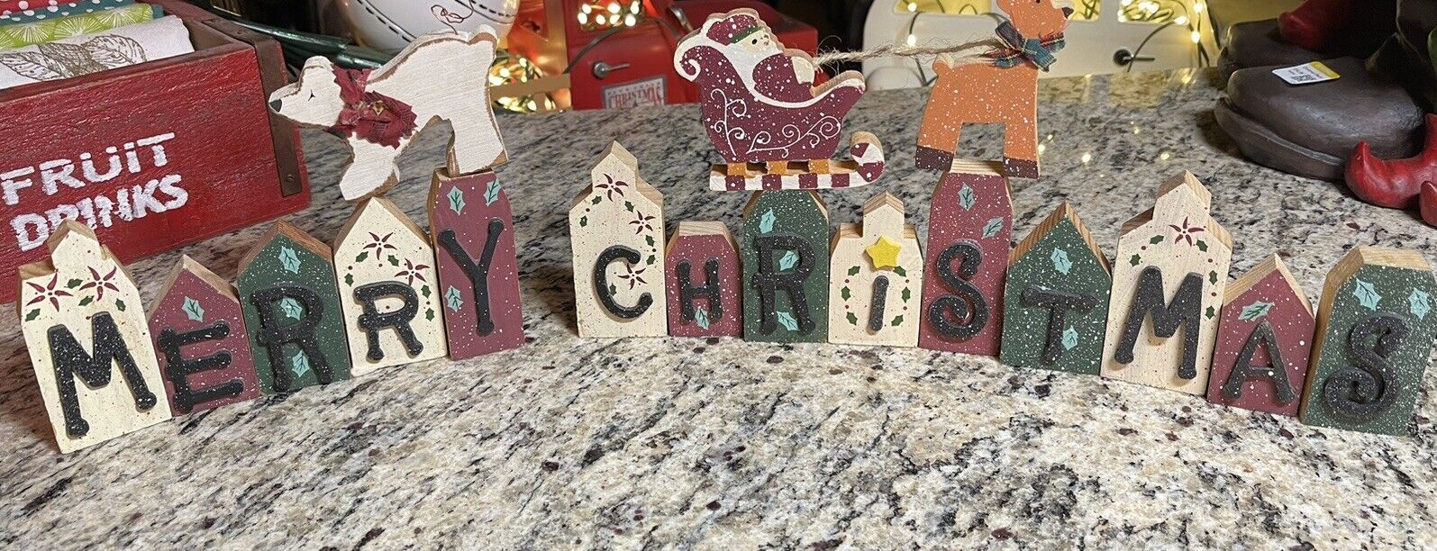 MERRY CHRISTMAS House Block Letters 2.5-3.5” Wooden Santa & Reindeer And Bear