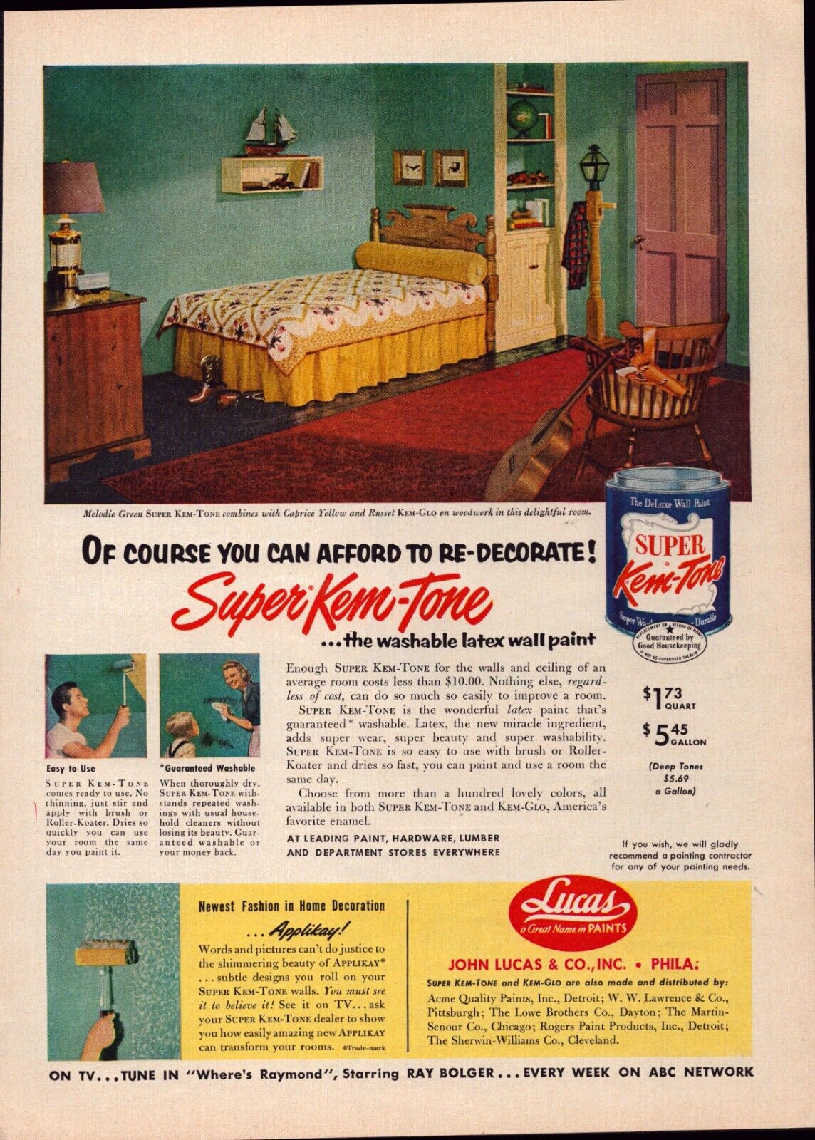 1954 Super Kem-Tone Vintage Print Ad Washable Latex Wall Paint MCM Bedroom