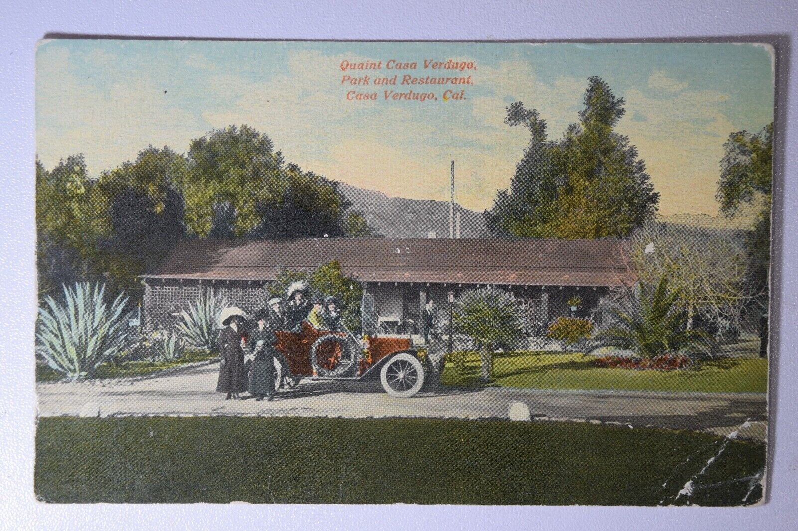 1900s CASA VERDAGO PARK AND RESTAURANT CA CALIFORNIA OLD CAR POSTCARD 427
