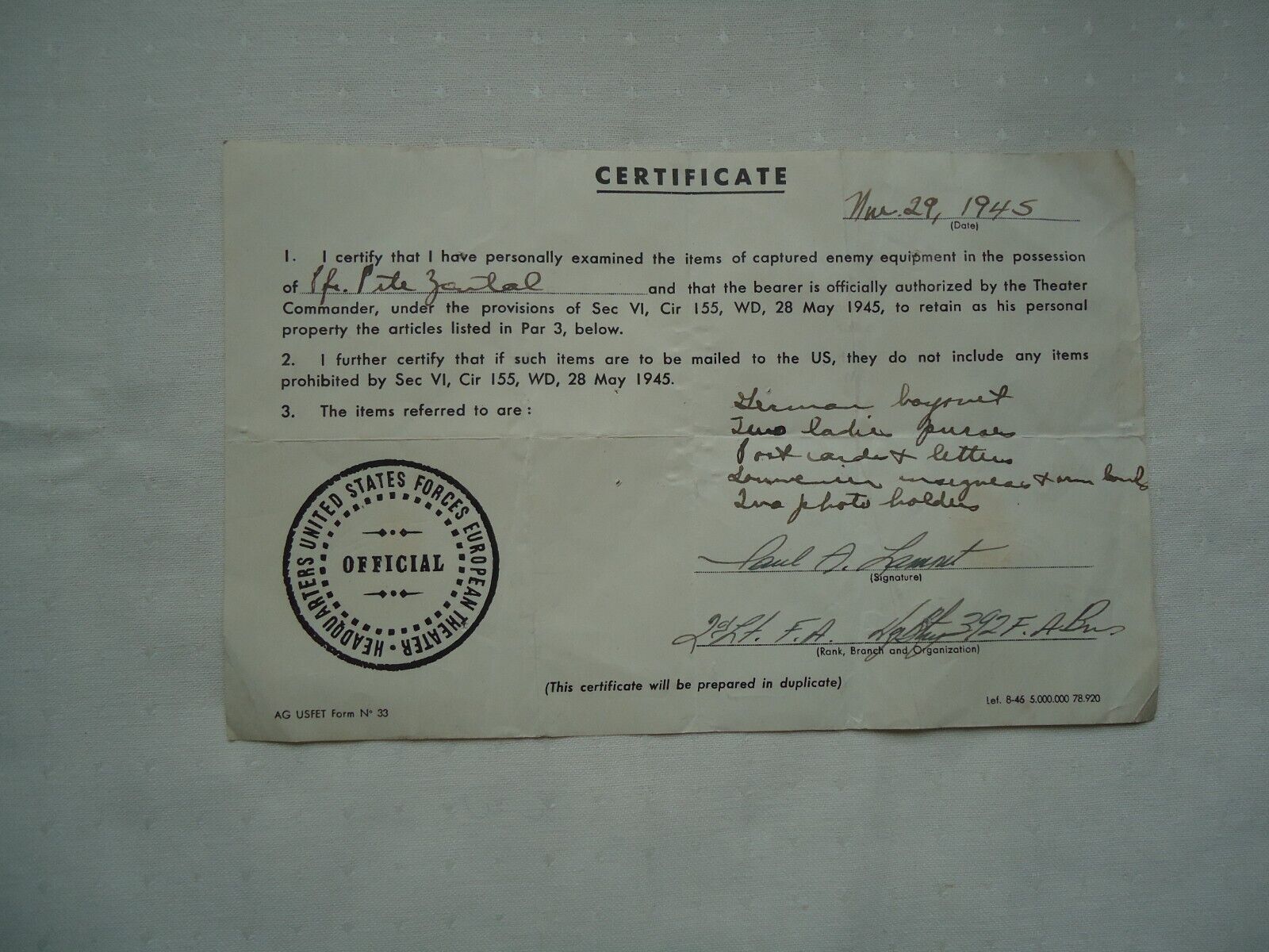 WWII WW 2 Bring Back Papers Capture Certificate
