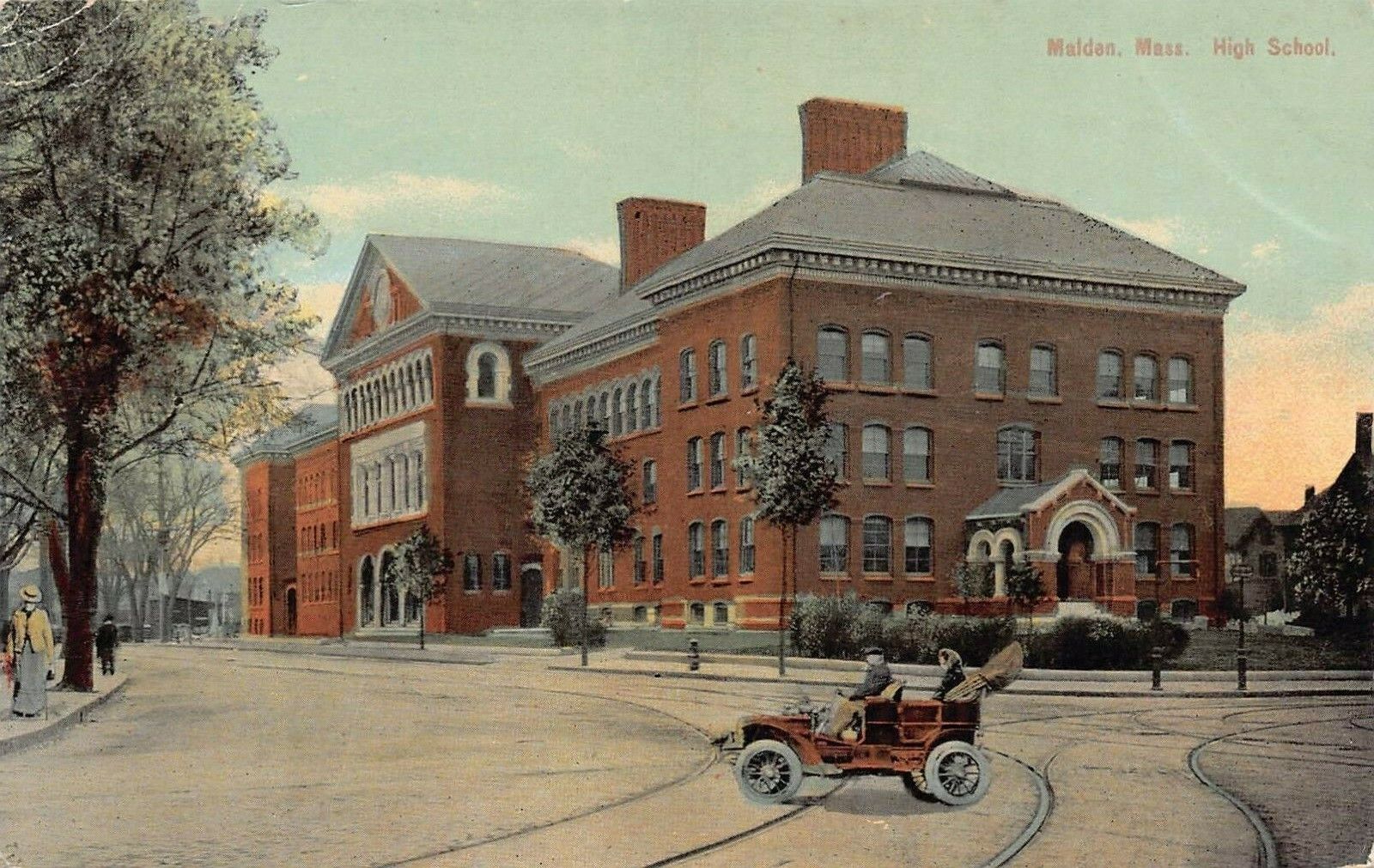 Early Car in Front of High School, Malden, Massachusetts, Early Postcard, Unused