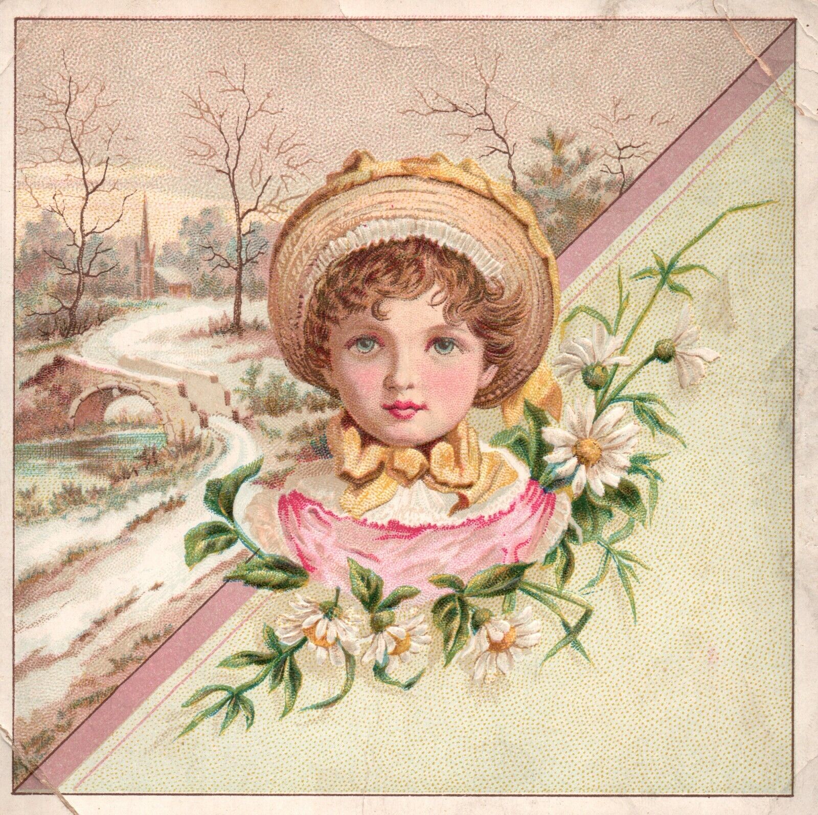 1880s-90s Young Girl Wearing Hat Flowers Colorful Trade Card Embossed