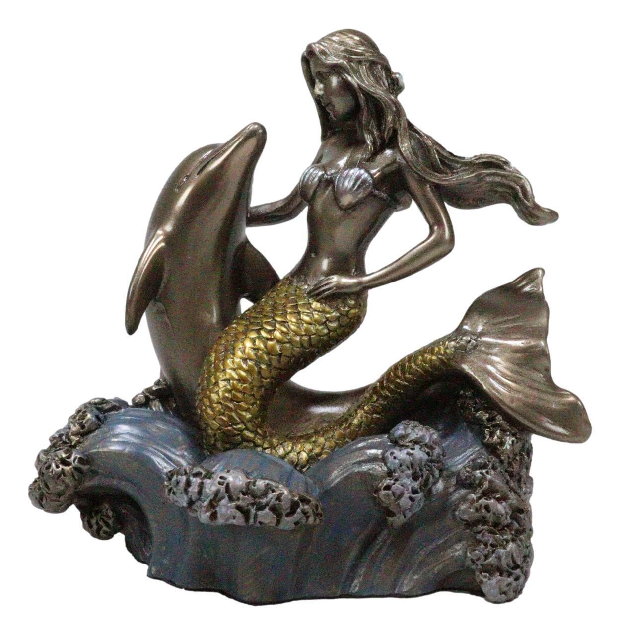 Ebros Mermaid Embracing Dolphin By Ocean Waves Statue 4.5\