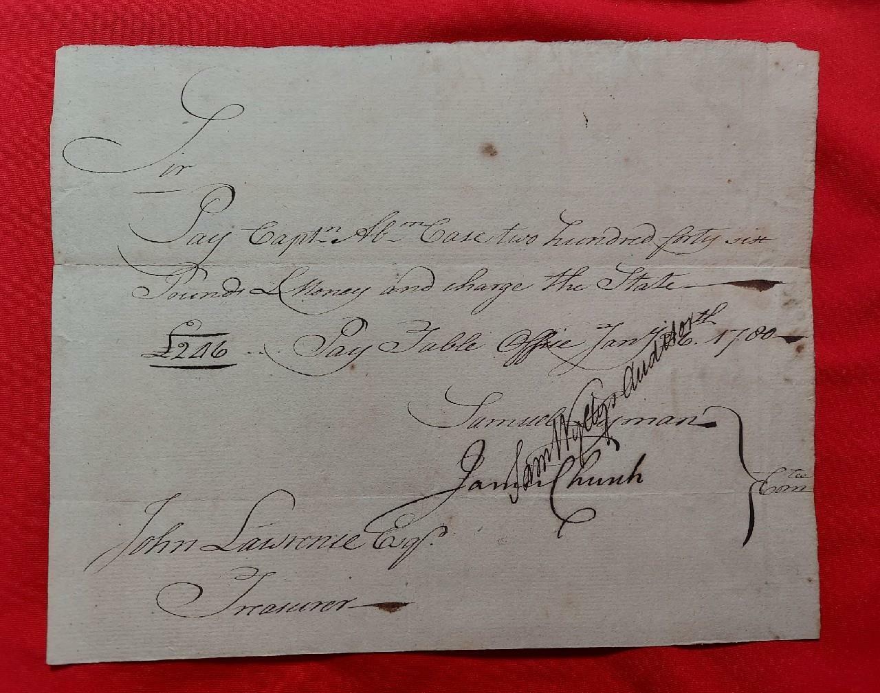 Payment Voucher Revolutionary War officer Captain A. Case Connecticut  1780