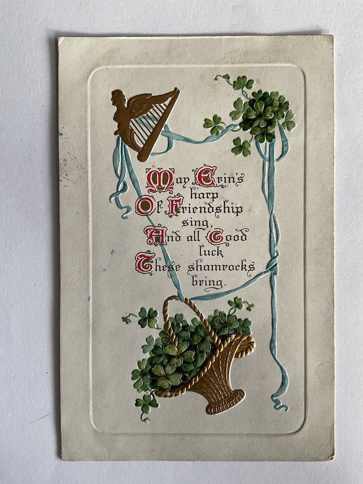 St Patrick\'s Day~1914~Erin\'s harp of friendship sing~gold basket~green shamrocks