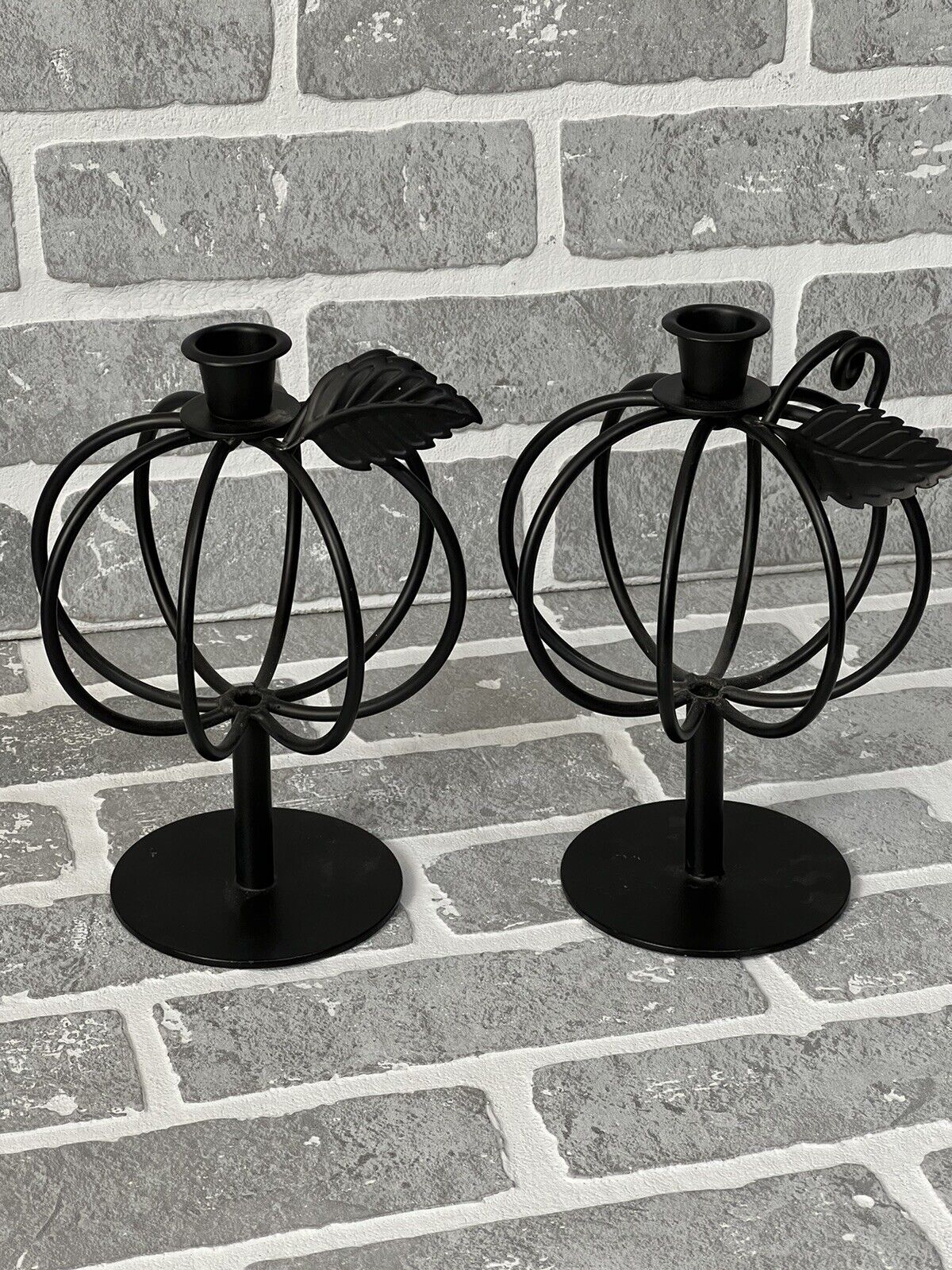 Pair Metal Pumpkin Taper Candle Stick Holders Preowned