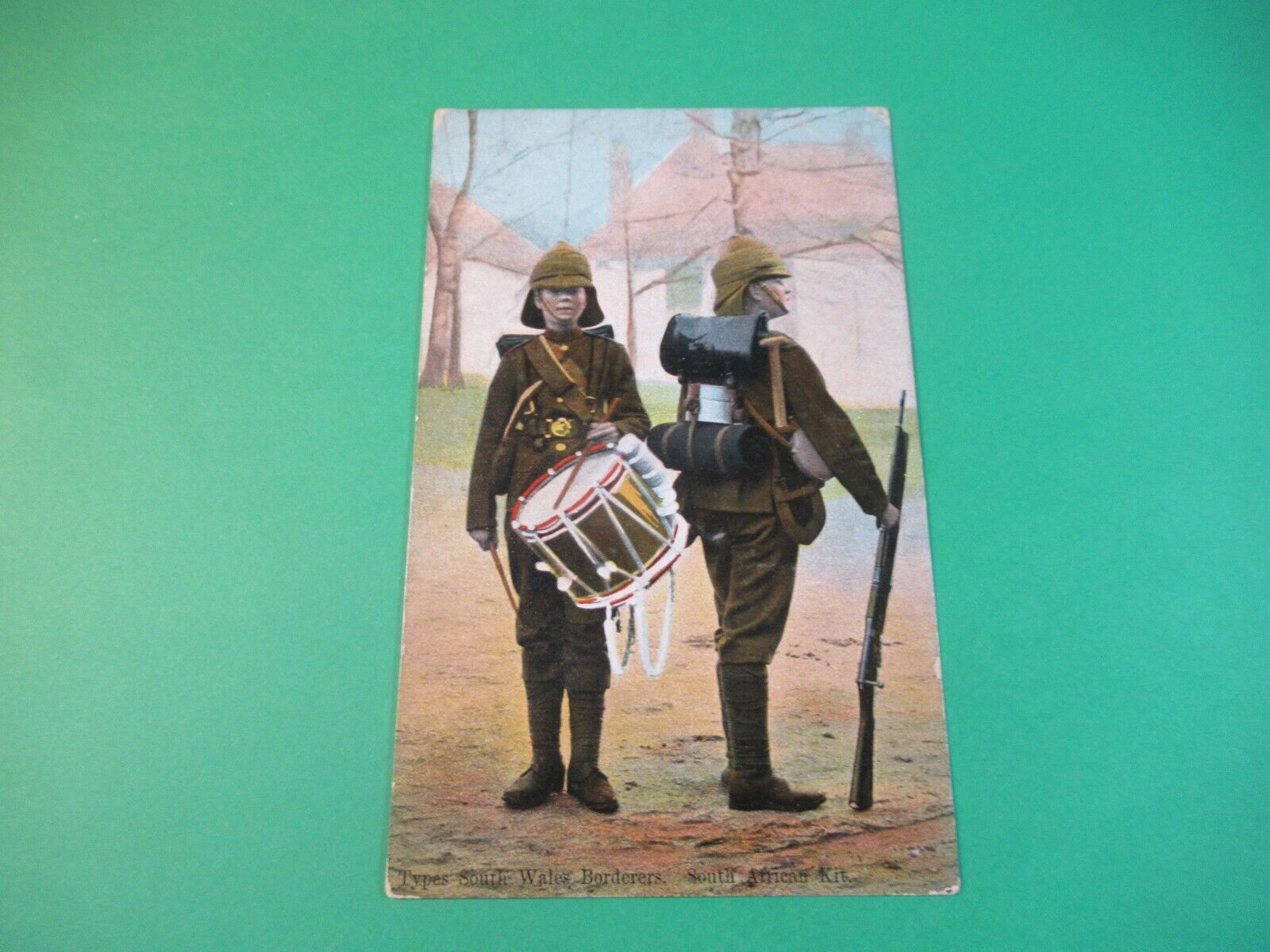 COLOR MILITARY PHOTO POSTCARD WWI SOUTH WALES BRITISH SOLDIER RIFLE DRUM BOY