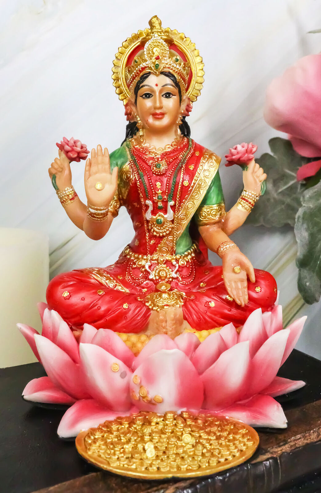 Hindu Goddess Of Prosperity Lakshmi Seated On Lotus Flower Statue Figurine Decor