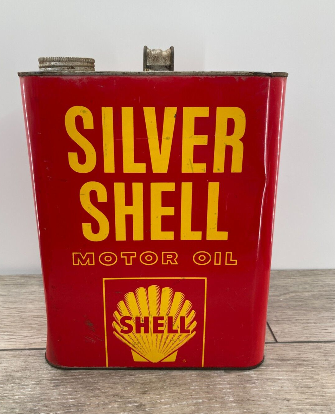 Vintage Silver Shell Motor Oil Can 2 Gallon Retro Advertising Farm Fresh SAE 10