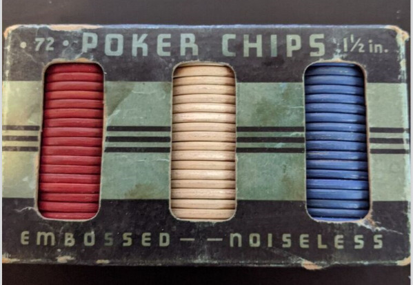 Vintage Poker Chips V-B Products Noiseless Embossed Original Box 72 ct 1 1/2 in