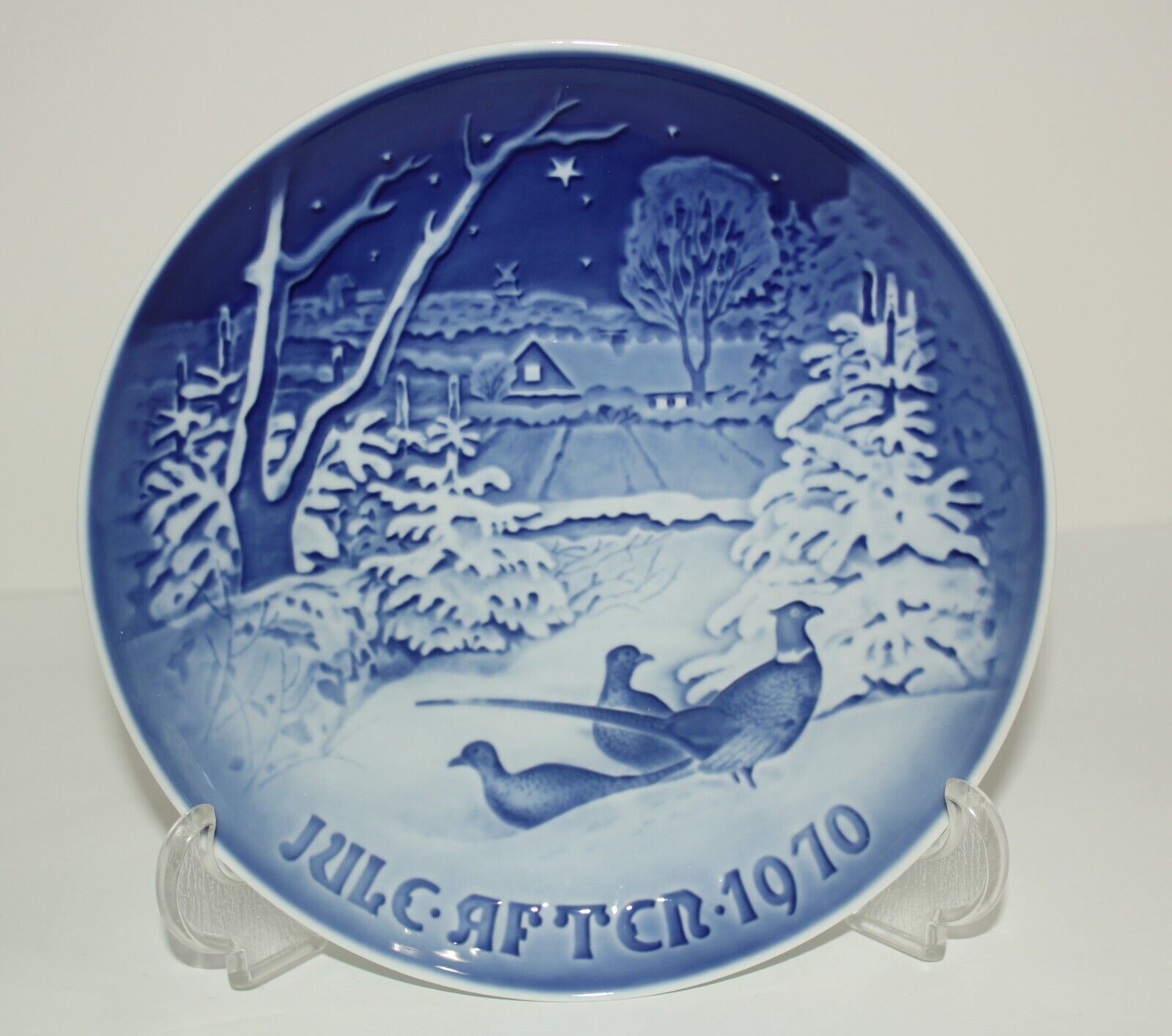 Vtg B & G 1970 Jules After Cobalt Blue White Plate, Pheasants in Snow Christmas