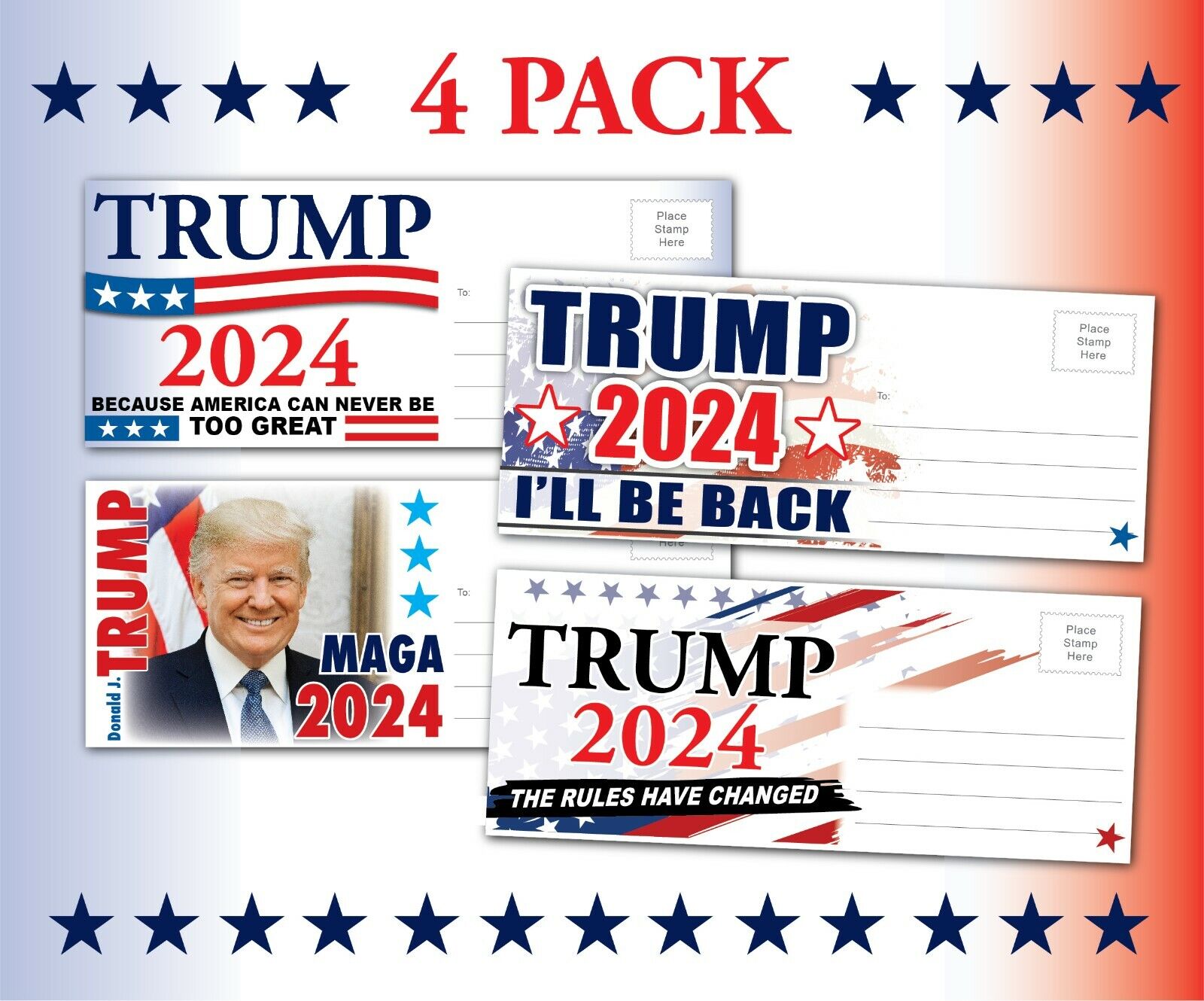 4 PACK - AMERICAN FLAG POSTCARDS - Donald Trump 2024 President - MAGA Republican