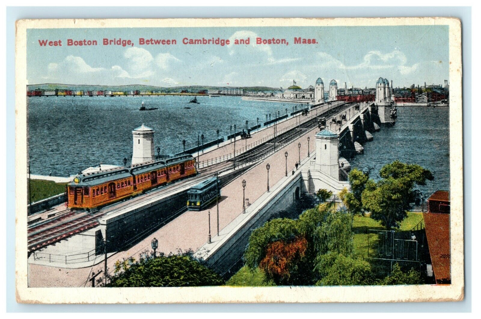 1916 West Boston Bridge Cambridge Boston Massachusetts Malden Trains Postcard
