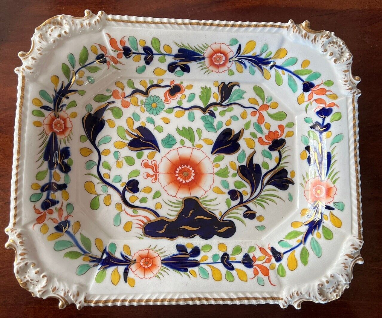 Antique Gaudy Welsh Footed Vegetable Bowl with Orange Navy & Gold