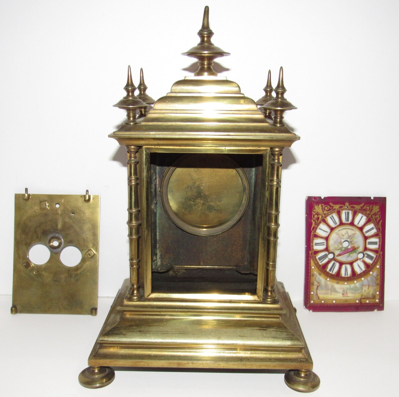 Antique French Brass Clock Case with Porcelain Plaques