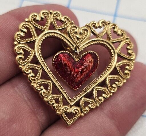 VTG Lapel Pinback Gold Tone Heart With Dangle Small Red Heart Pin Brooch