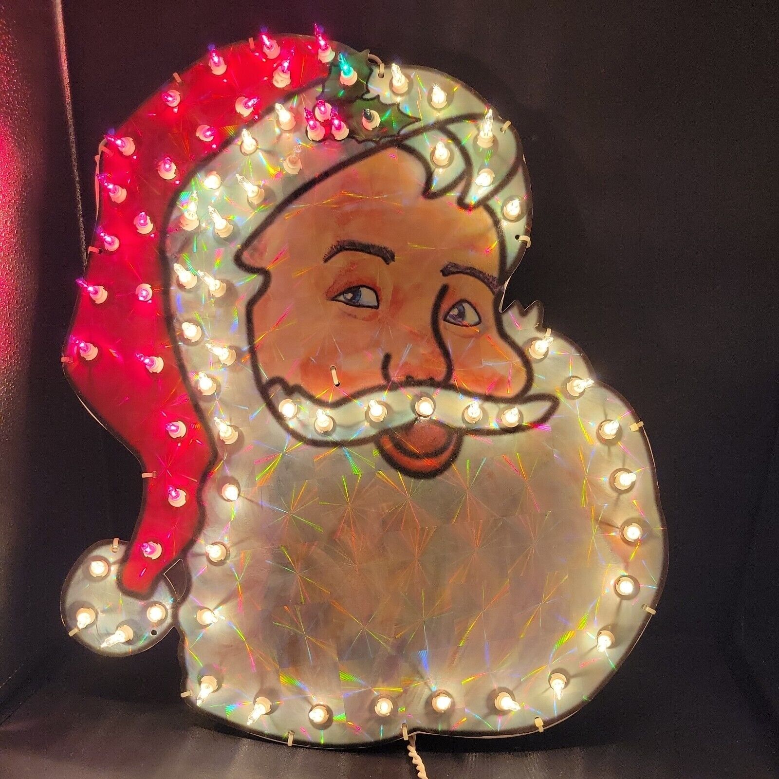 Vintage Christmas Large Holographic Light Up Sign Santa Head Display Decor  18\