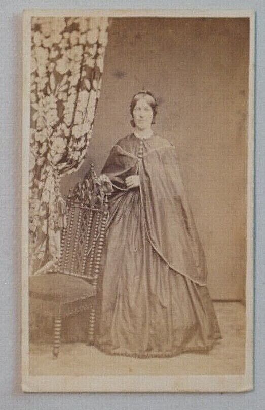 1860\'s Civil War Era Woman in Dress Ornate Chair Philadelphia PA CDV Photo A574
