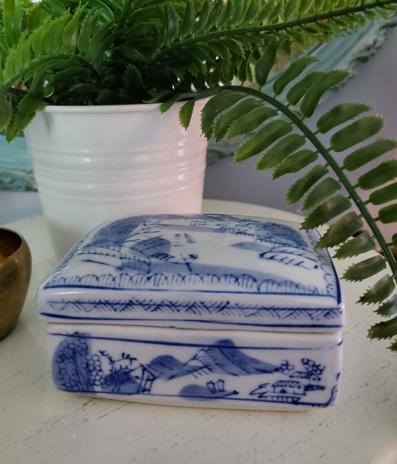 Vintage Jingdezhen Blue and White Hand Painted Porcelain Trinket/ Keepsake Box