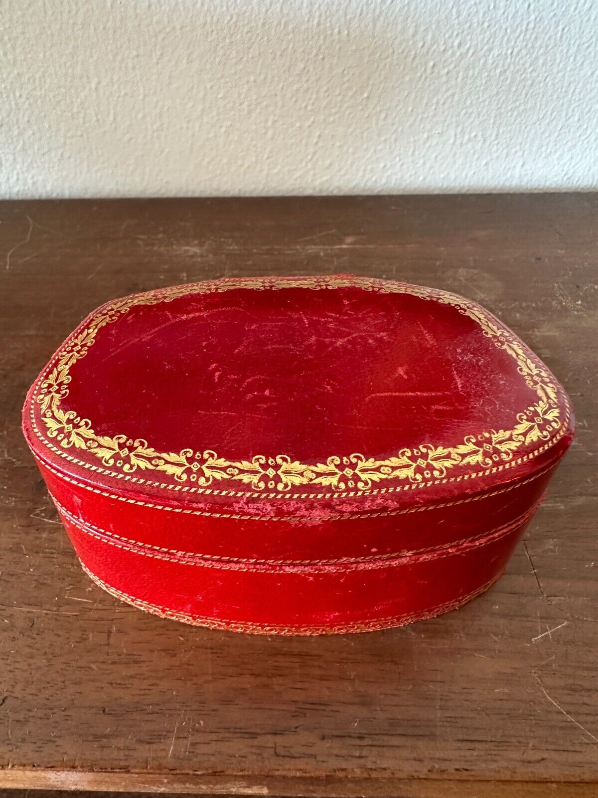 Rare Vintage Italian Red and Gold Trim Tooled Leather Jewelry Box