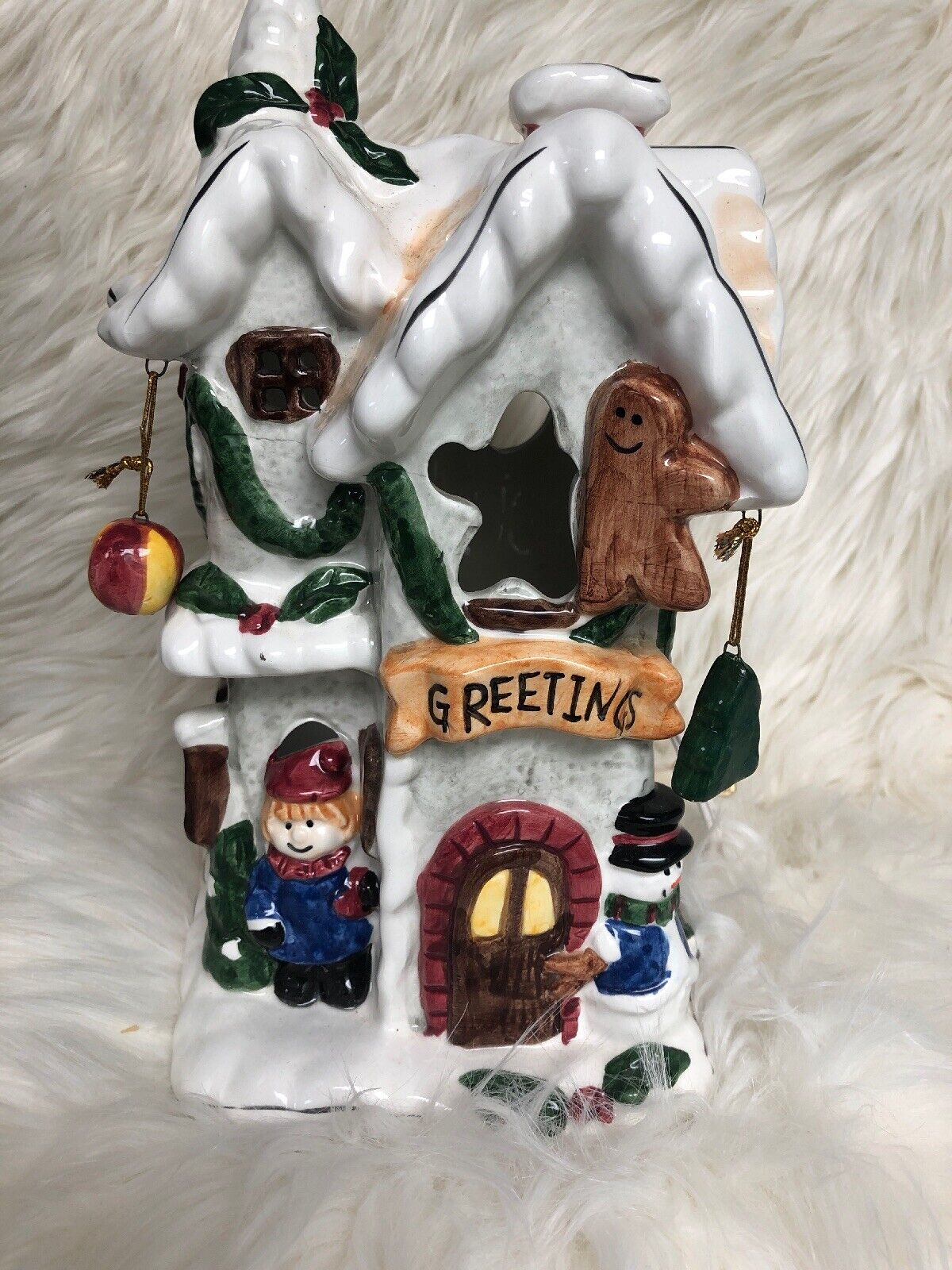 Christmas Ceramic Light Up Brick Holiday House Snow Chimney Wreath Bows #12056-0