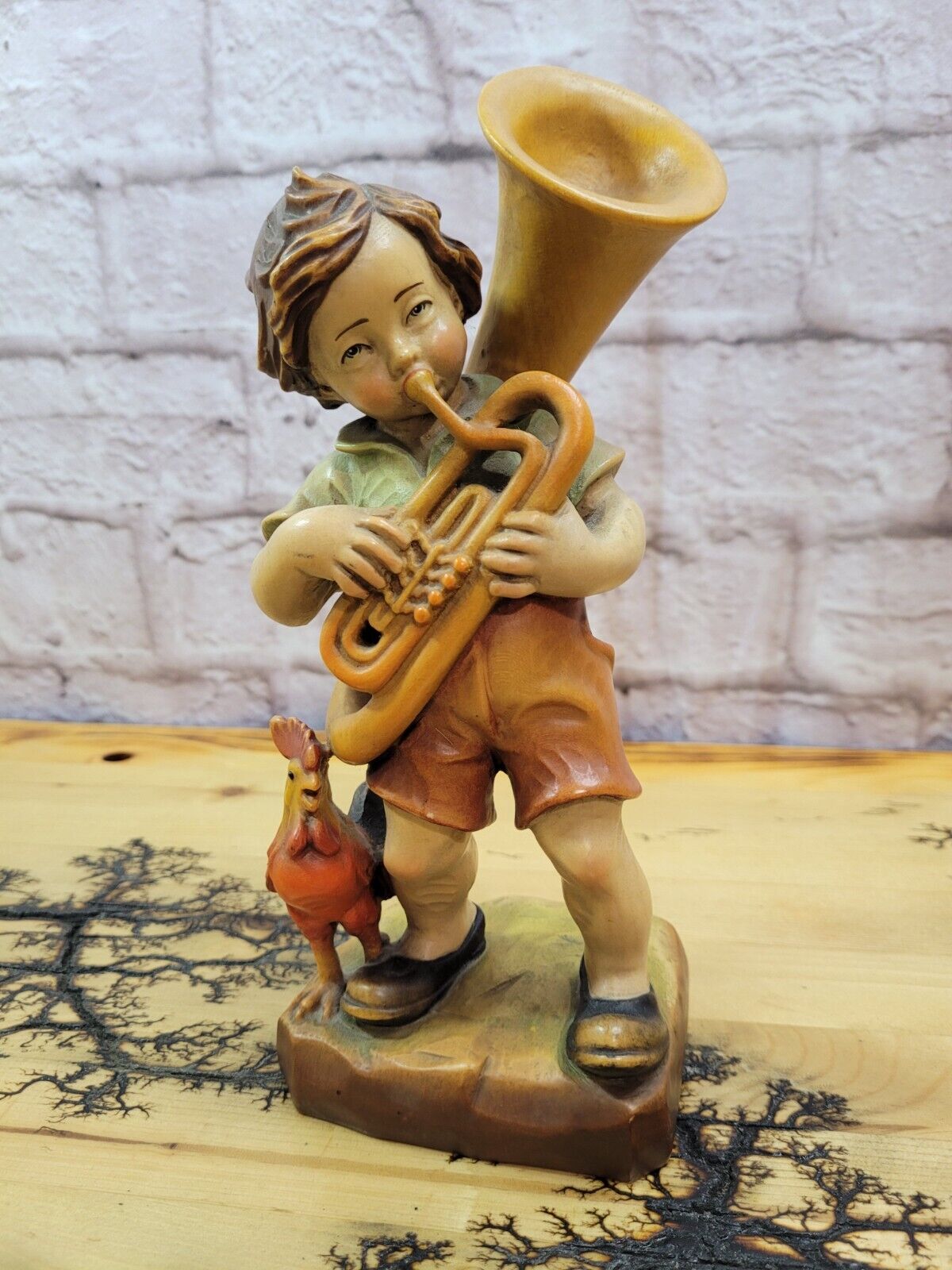 PEMA Italy Boy Playing Tuba Painted Maple Wood Carving Peter Mahlknecht 9\