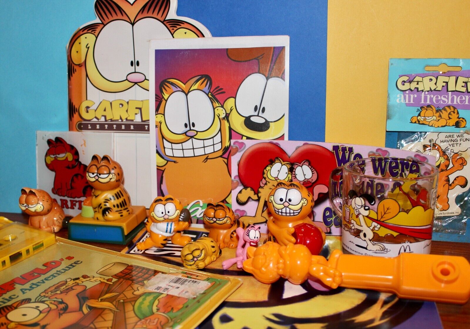 Vintage Garfield Lot of 17 Book with Cassette, PVC Figures, Glass Mug, etc