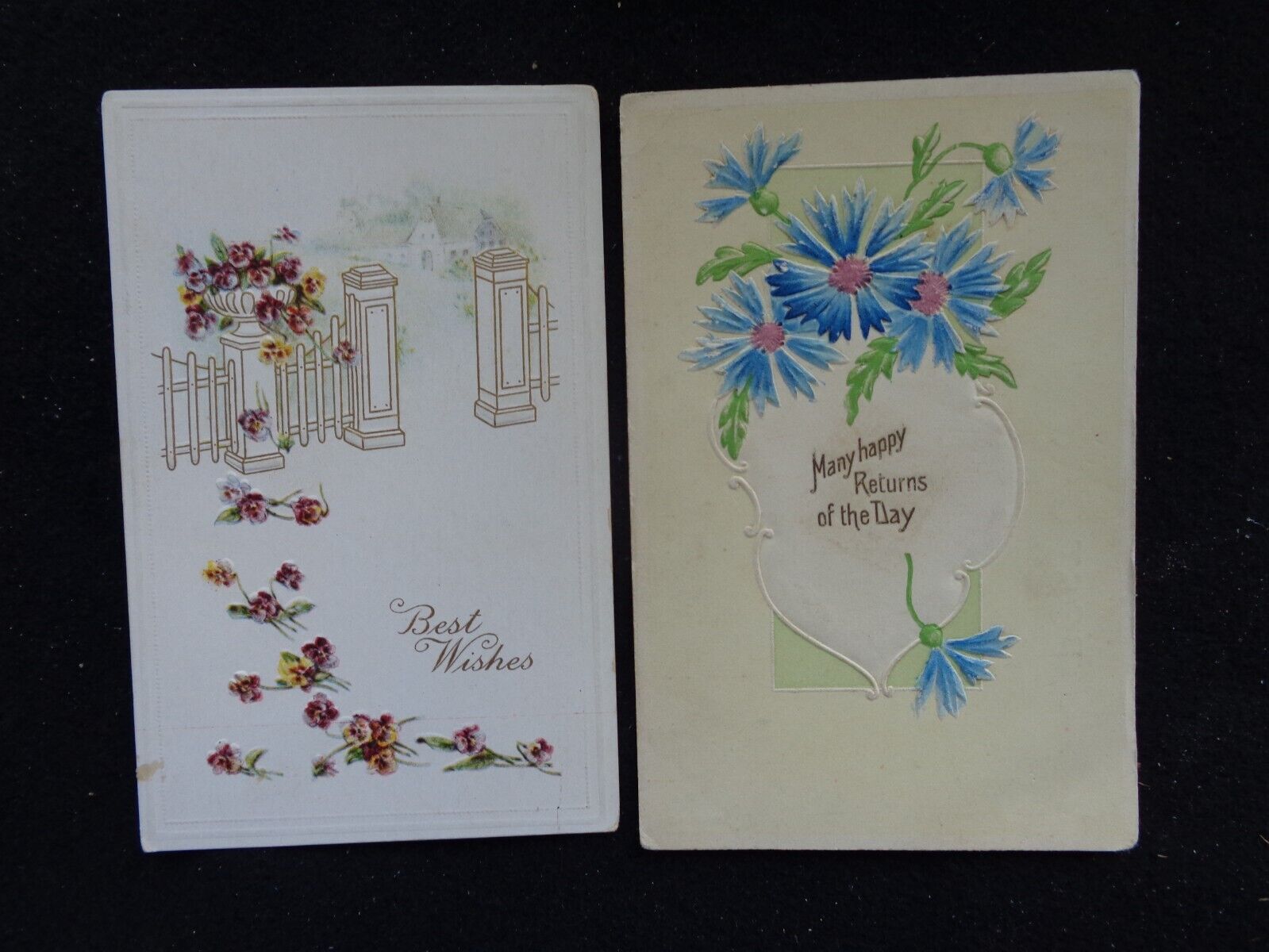 2 VINTAGE EARLY 1900 UNUSED POSTCARDS BEST WISHES AND HAPPY RETURNS.